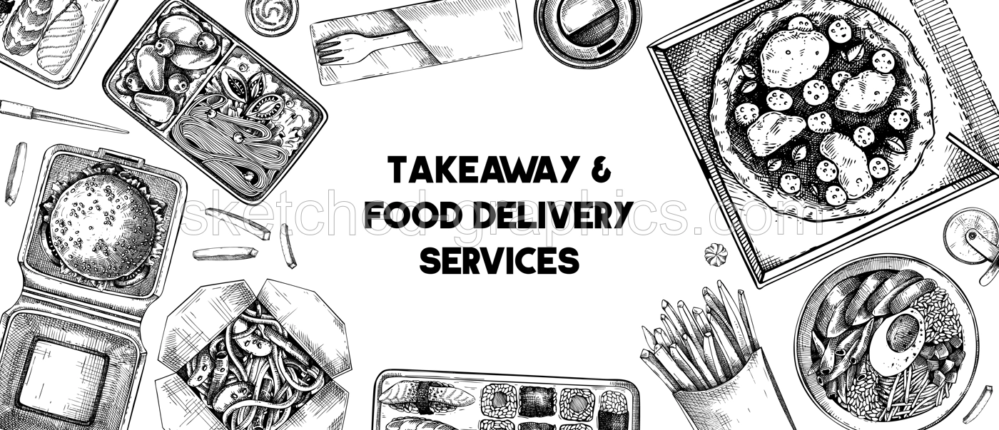 Takeaway and food delivery banner. Hand drawn vector illustration. Vintage style. Takeout food in paper box, fast food menu design. Pizza, burger, coffee, noodles, poke, sushi sketch Illustration